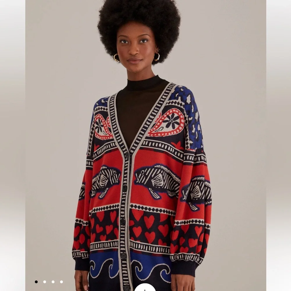 FARM Rio Red and Blue Patterned Cardigan - Picture 1 of 9